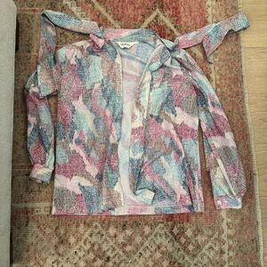 Devon Button Front Tie Neck Secretary Blouse Multicolor Long Sleeve Vtg 70s